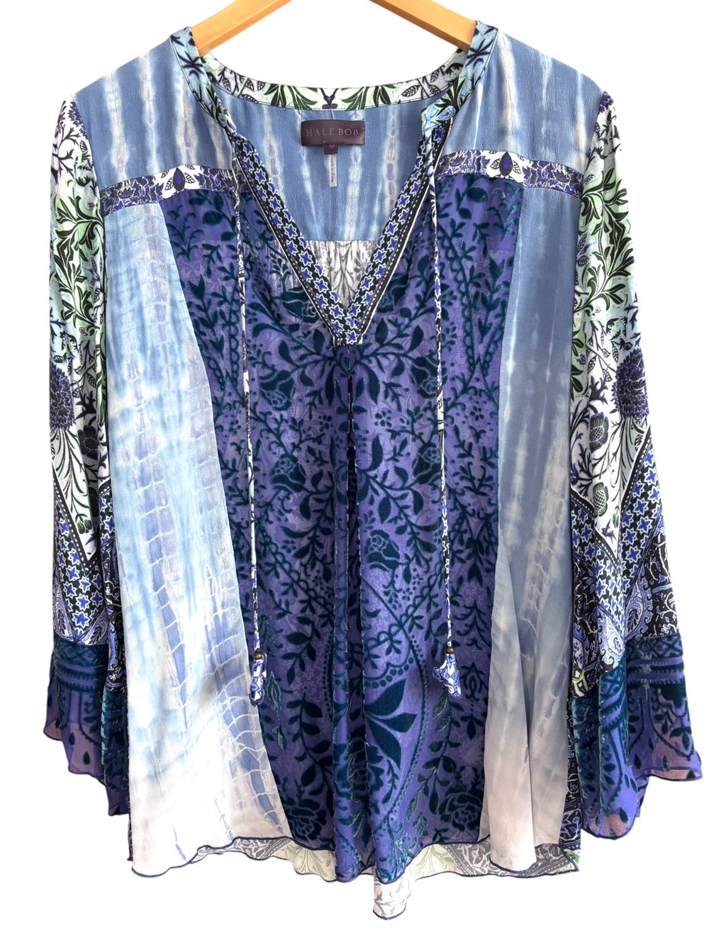 Hale Bob Sheer Velvet Burnout Silk Boho Tunic Blouse Tassel Tie Medium